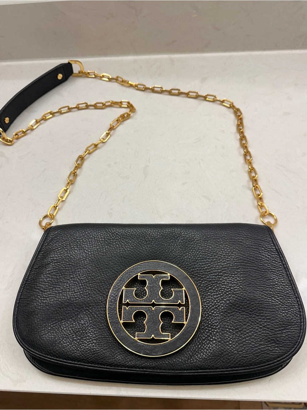 Tory Burch Amanda pebbled leather logo flap  crossbody clutch